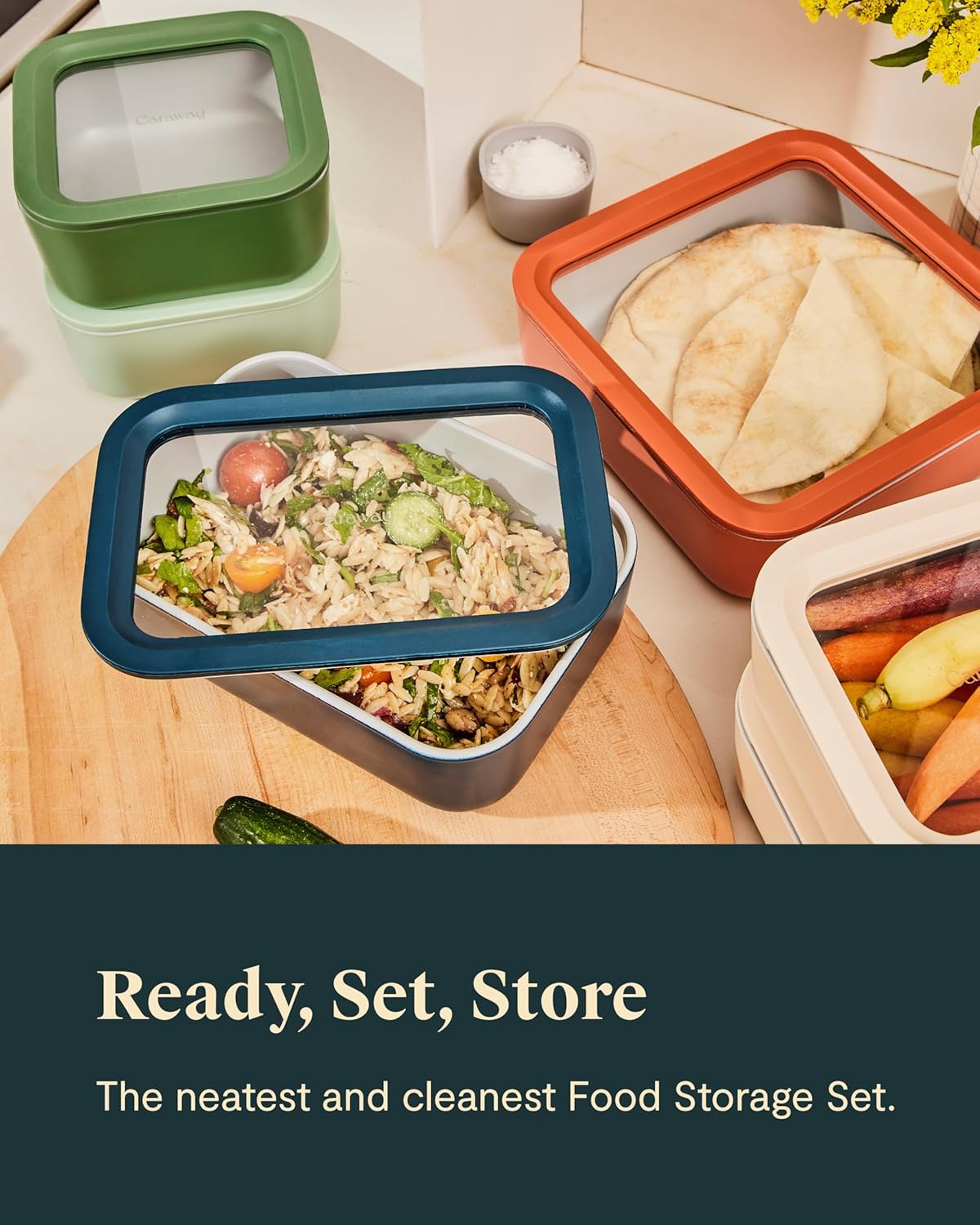 Caraway 14pc Glass Food Storage Container Set - Easy to Store, Non Toxic Lunch Box - with Glass Lids - Includes Storage Organizer & Dot & Dash Inserts - Perracotta