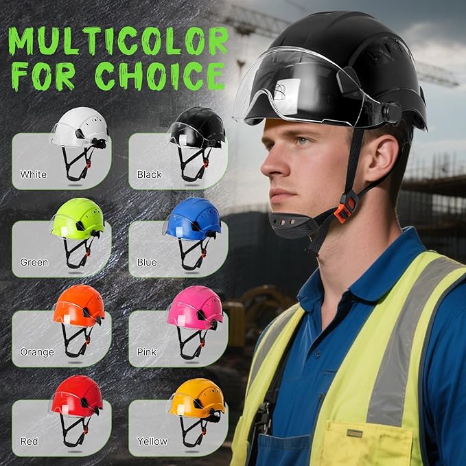 AOLAMEGS Construction Hard Hats for Men - ANSI Z89.1 OSHA Approved Safety Helmets, Black Hard Hat, Adjustable Vented Construction Hat with Clear Visor and Chin Strap, High Impact ABS Hardhats