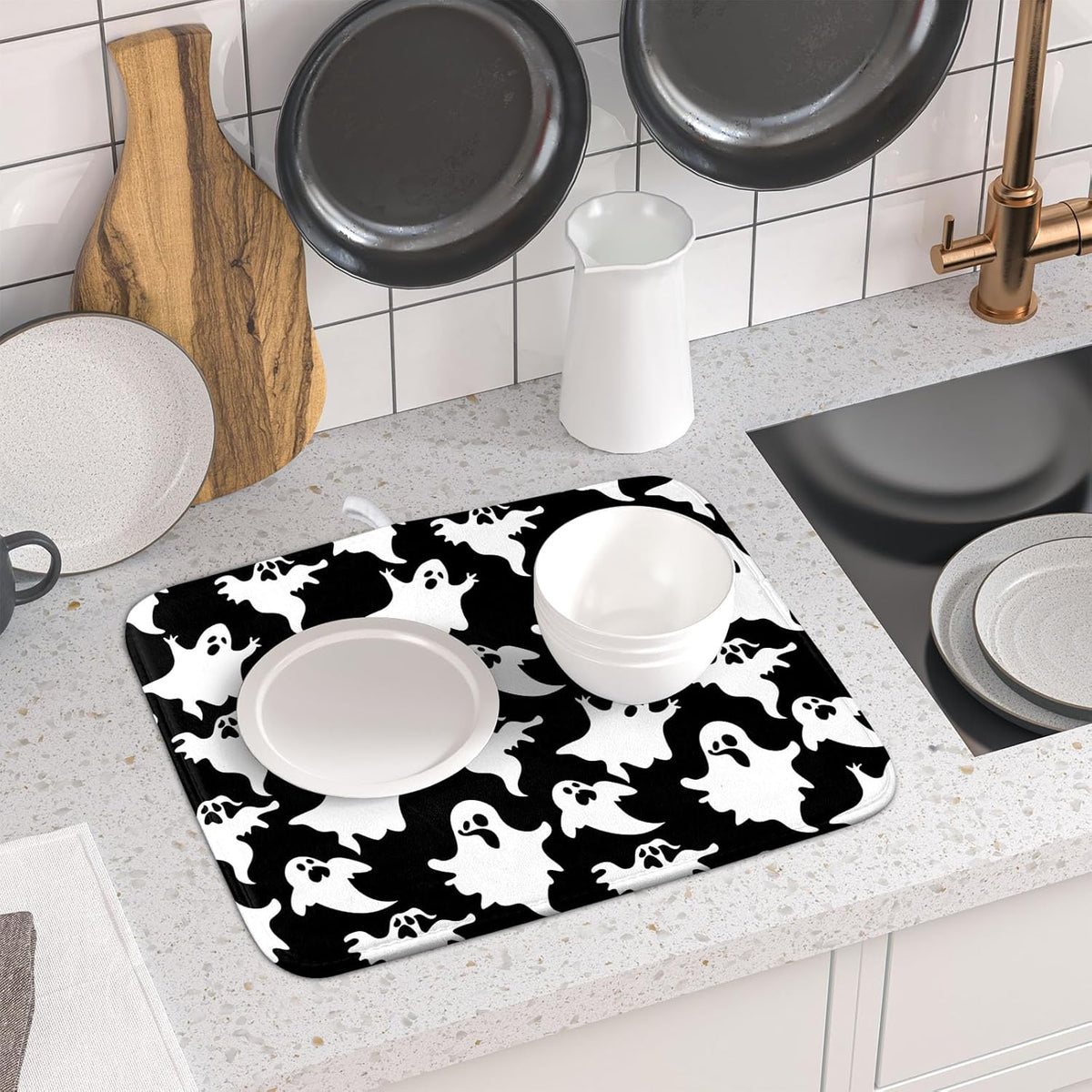 Halloween Bat Ghosts Dish Drying Mat for Kitchen Counter,Halloween Spooky Ghost Black and White Drying Mat 16 x 18 Inch Microfiber Dish Drying Pad Dish Rack Pad Drainer Mat for Coffee Bar