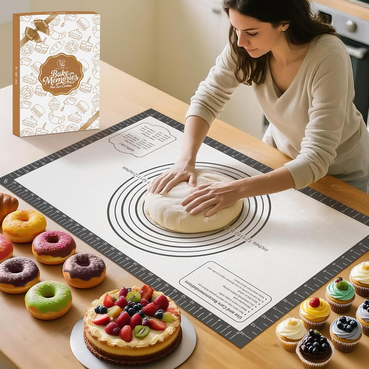 Silicone Baking Mat with Measurement, Non Stick Silicone Pastry Mat for Dough Rolling, Silicone Mat for Baking Macaron Pizza Cookies Pie Crust Oven, Silicone Bread Mat