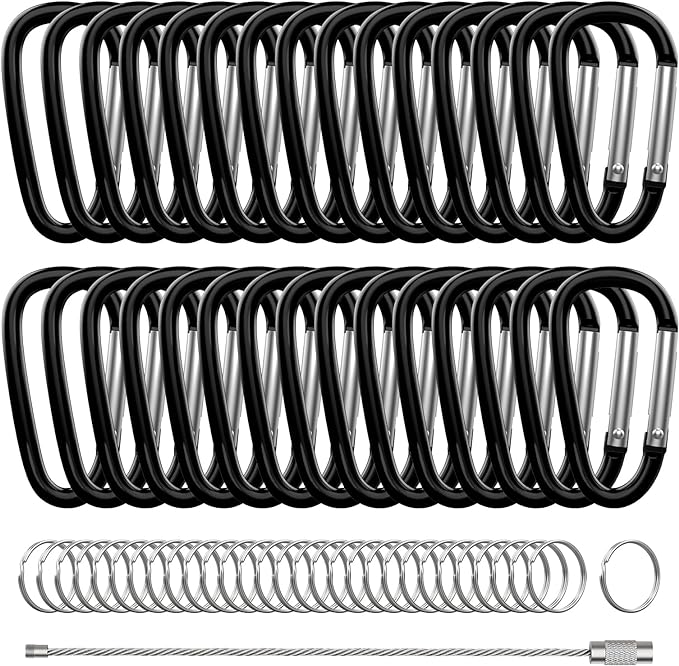 30PCS Aluminum Carabiner Clips, 2" D Shape Spring Snap Hooks Carabiner with 30PCS Keyring Keychain Hook