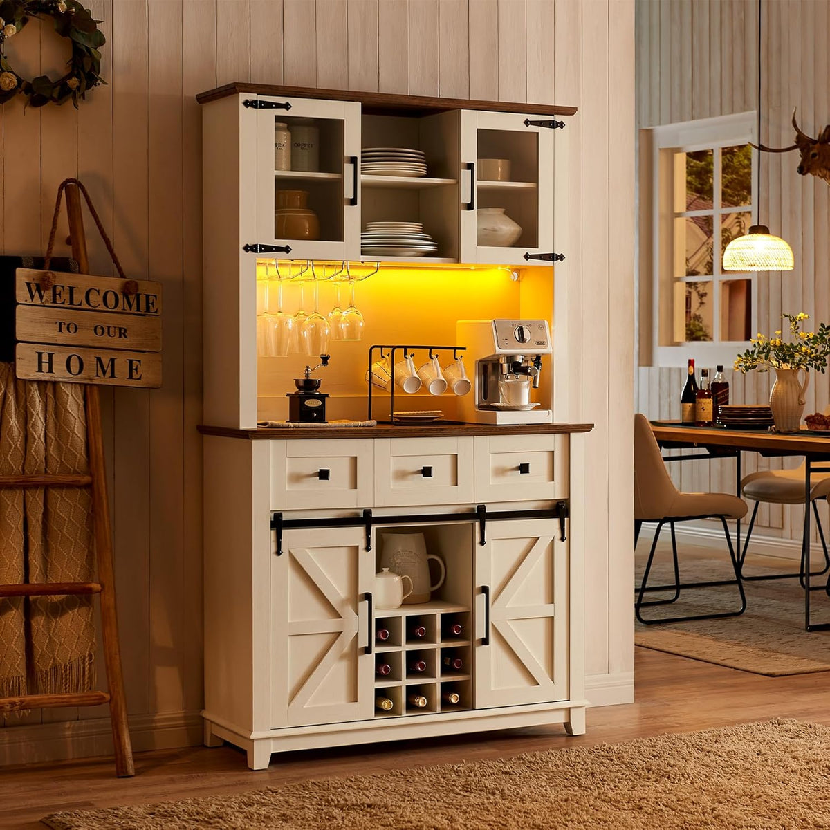 AMERLIFE 72" Coffee Wine Bar Cabinet with Sliding Barn Door, Farmhouse Kitchen Sideboard, Buffet Storage Table, 3 Drawers, LED Lights, Tall Hutch Home Bar for Dining Room, White