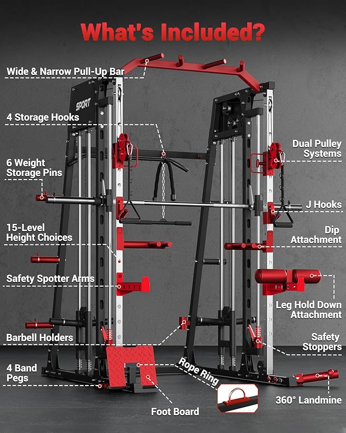 Smith Machine Home Gym All in One, 2200LBS Squat Rack Power Cage with Smith Bar, LAT Pull-Down, Cable Systems, Leg Hold-Down and More Attachments, Workout Equipment (Red Black)