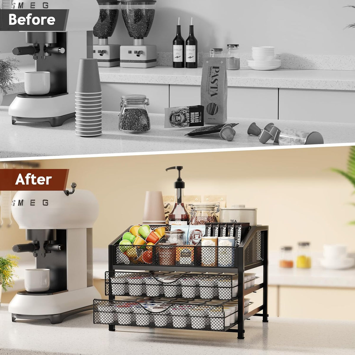Coffee Bar Organizer - Coffee Station for Countertop, Metal and Wood K Cup holder Storage Basket for Syrup, Cups, Stirrer, Condiment, Tea Organizer, Black