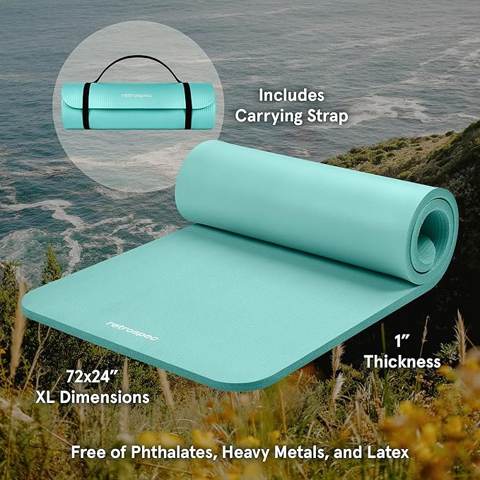 Retrospec Solana Yoga Mat 1" Thick w/Nylon Strap for Men & Women - Non Slip Exercise Mat for Home Yoga, Pilates, Stretching, Floor & Fitness Workouts - Blue Lagoon