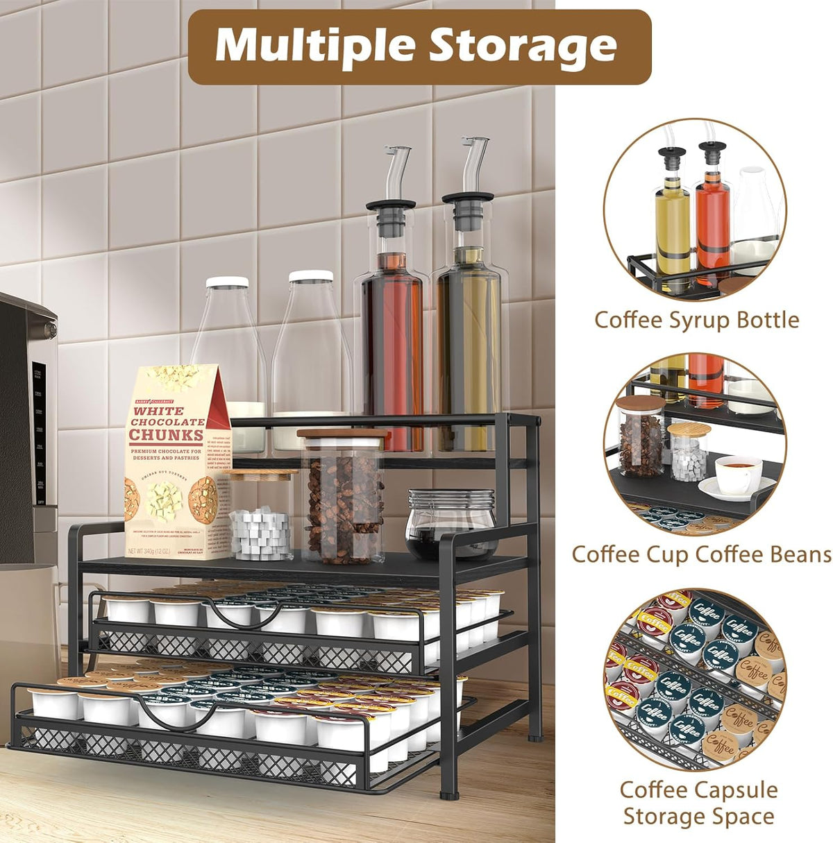 Coffee Bar Organizer, Coffee Pod Organizer,3 Tier Coffee Syrup Rack Organizer,72 K Cup Storage for Counter Storing K Cup,Coffee Syrups, Coffee Makers and Other Coffee Supplies-Black