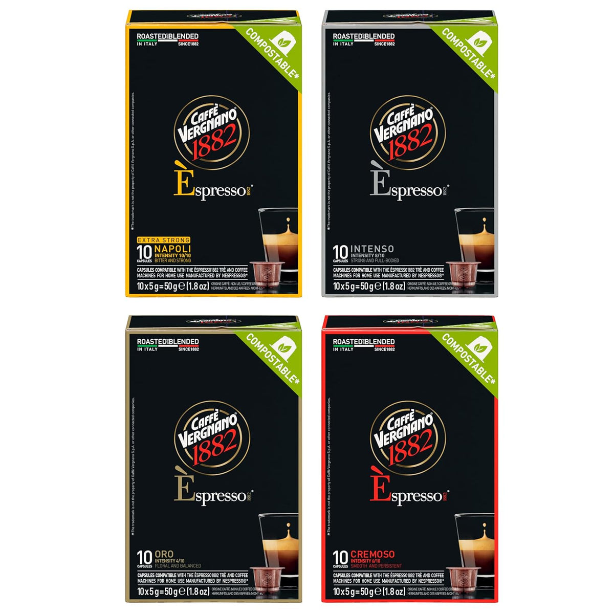 Caffe Vergnano Original Line Machine Compatible Medium Roast Espresso Capsules Variety Pack - Arabica Robusta Coffee For Nespresso Coffee Machines - Napoli, Oro, Intenso, Cremoso, 10 Capsules (4 Pk)