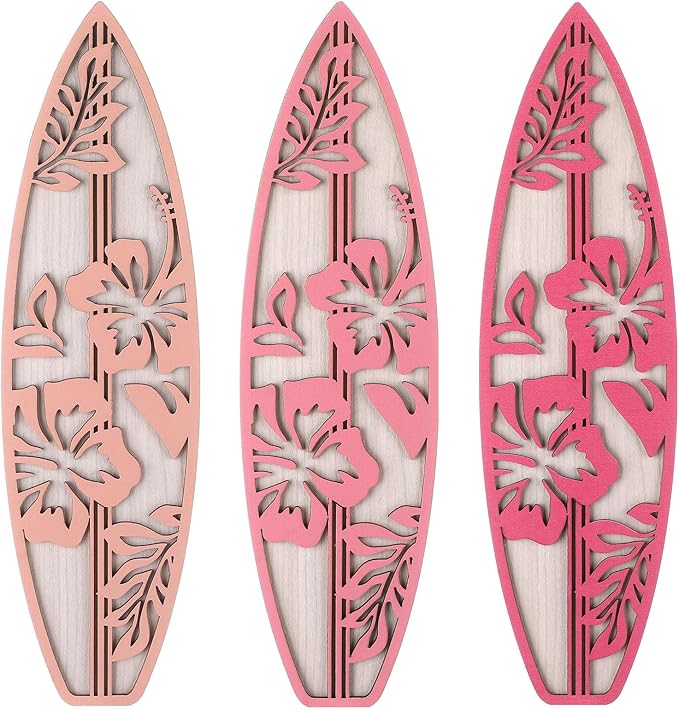 3 Pieces Hibiscus Surfboard Decor for Bedroom Wooden Beach Wall Decor Summer Wood Surfboard Wall Hanging Sign for Tropical Living Room Decoration(Pink)