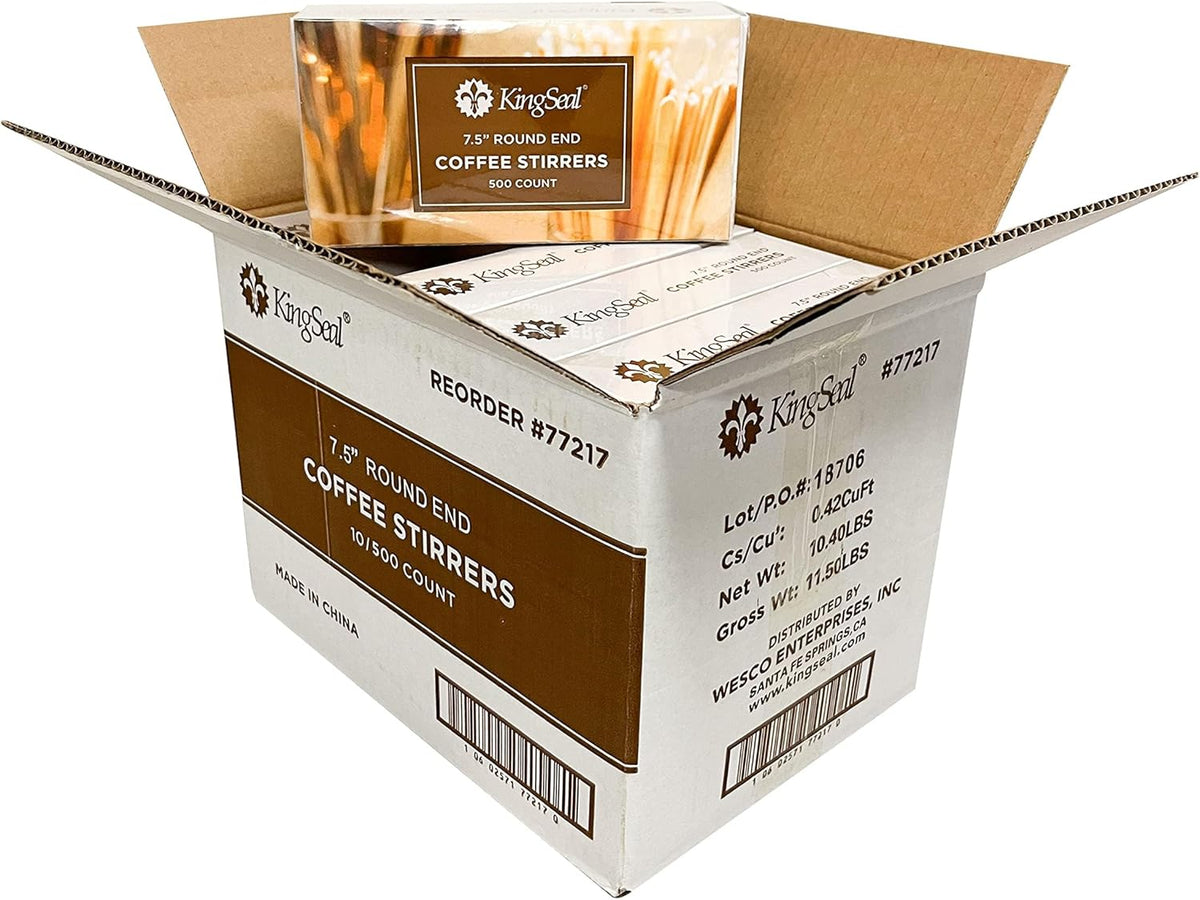 5000 Count | KingSeal Natural Birch Wood Coffee Beverage Stirrers, Stir Sticks, Waxing Sticks, 7.5 Inches, Round End, Eco-Friendly - 10 Boxes x 500 Stirrers