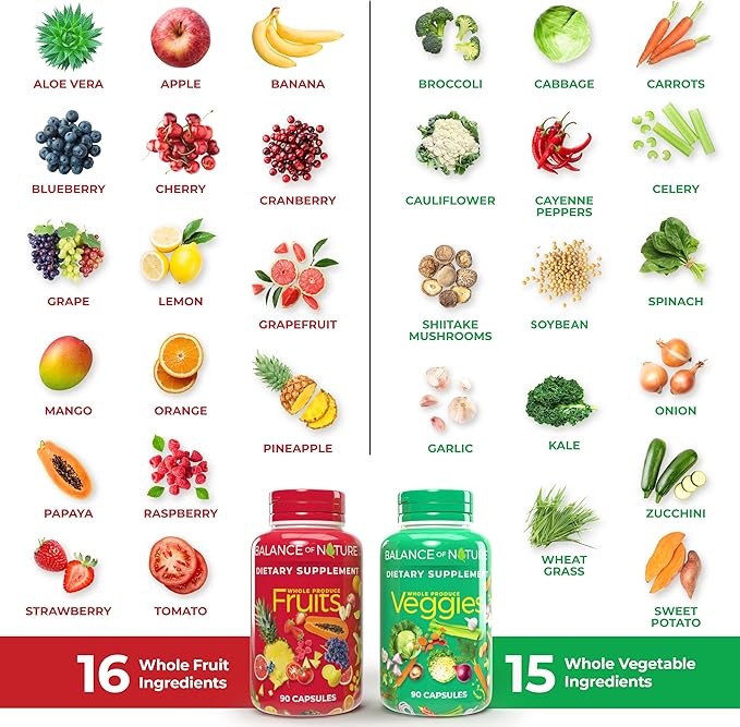 Balance of Nature Fruits and Veggies Supplements - Whole Fruit and Vegetable Ingredients for Women, Men, and Kids - 90 Fruit Capsules, 90 Veggie Capsules - 1 Set