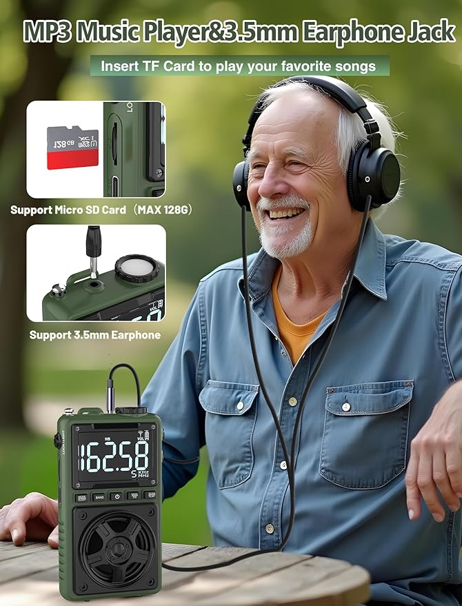 Bluetooth AM FM Shortwave Radio with NOAA Weather Alert,1250mAh Rechargeable Portable Pocket Radio with Best Reception,5W Big Speaker, Digital Tuner and Earphone,Support SD Card and USB MP3 Player