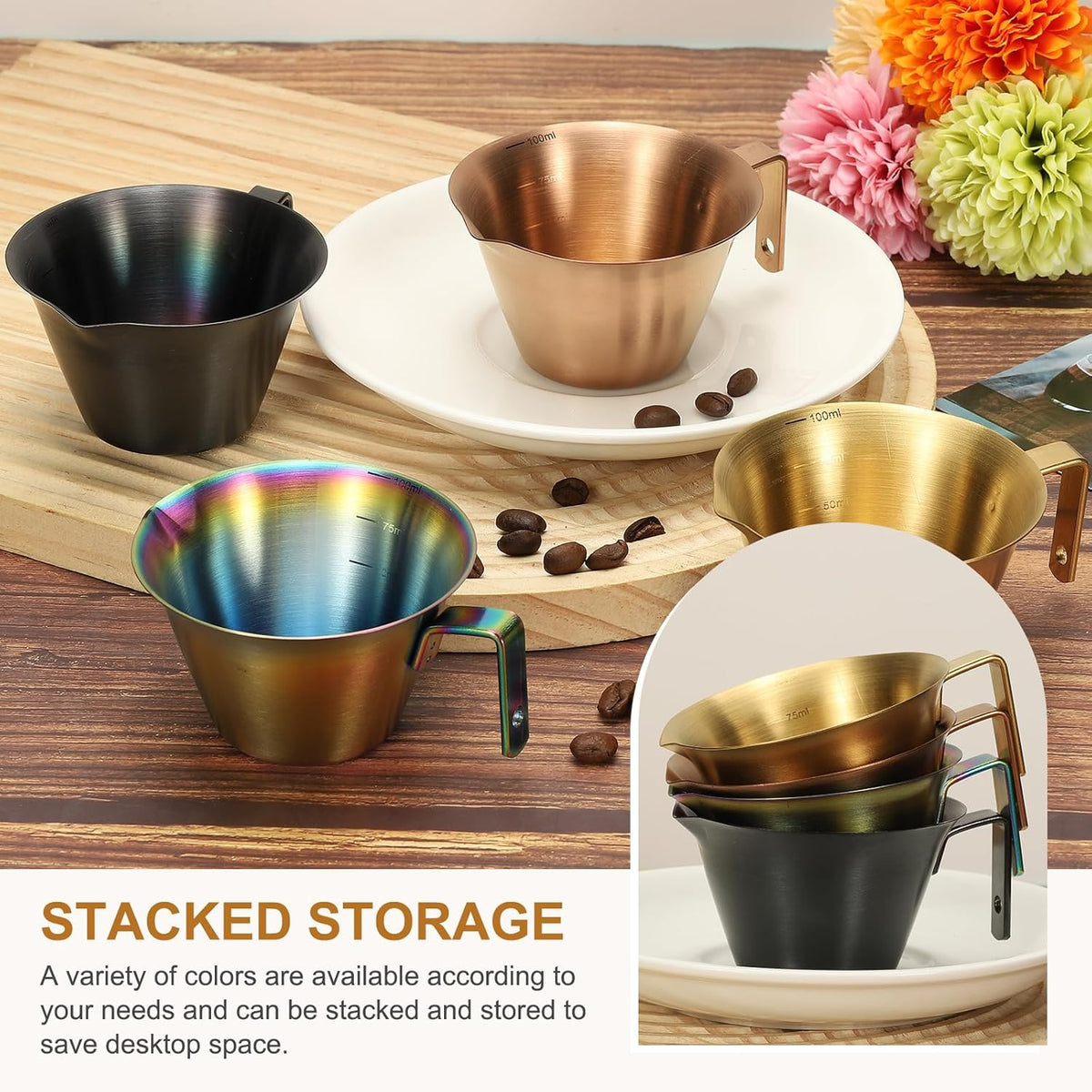 uxcell 1 Pcs Stainless Steel Espresso Cup with Handle, V-Shaped Mouth Espresso Measuring Cup with Scale for Preparing Coffee, Cocktails, 3.4OZ/100ML (Black)