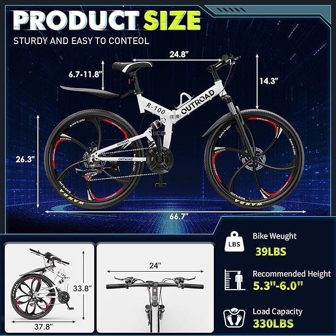26 Inch Folding Mountain Bike, 21 Speed Full Suspension Bicycle with High-Carbon Steel, Dual Disc Brake Non-Slip Quick Release tire Folding Bicycle for Adults/Men/Women