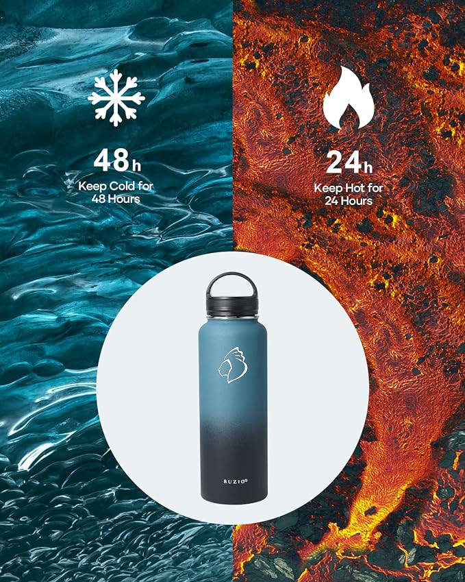 BUZIO 40 oz Water Bottle Insulated with Straw & 3 lid and Carrying Pouch, Leak Proof Anti-Slip Stainless Steel Water Flask Jug, Cold for 48 Hrs Double Vacuum Thermo Canteen, BPA-Free, Indigo Crush