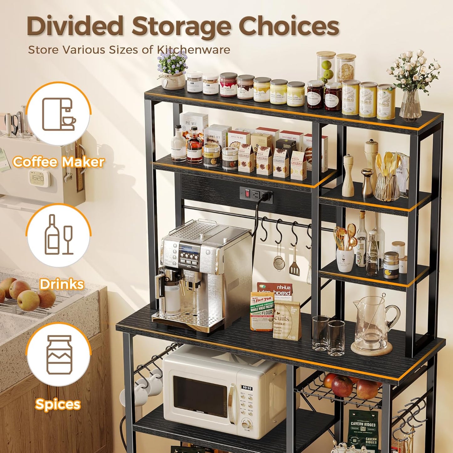 SUPERJARE Large Bakers Rack with Power Outlets, 6-Tier Microwave Stand, Coffee Bar with 12 S-Shaped Hooks, Kitchen Shelf with Wire Basket, 39.3 x 15.5 x 66.9 Inches, Black