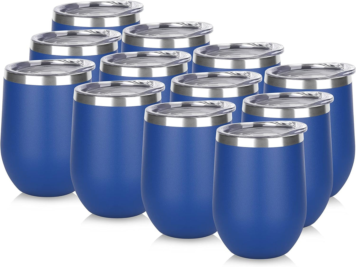 DOMICARE Stainless Steel Wine Tumbler Bulk with Lid, Personalized Insulated Tumblers Set, 12oz Travel Coffee Cups Pack of 12, Dark Blue