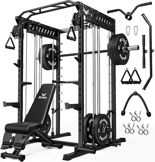 M21 Smith Machine, Multi-Function Power Cage with Dual Pulley Cable Crossover System, 2000LBS All-in-One Squat Rack with Smith Bar and Attachments