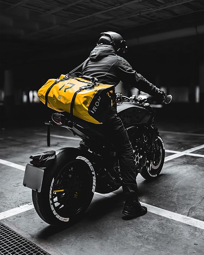BORLENI Waterproof Motorcycle Dry Duffel Bag Luggage Tail Bag with Large Storage Space,Roll Top Closure, Shoulder Straps, Inner Pocket and Mesh Pocket for Motorcycling Travel Camping(Yellow,30L)