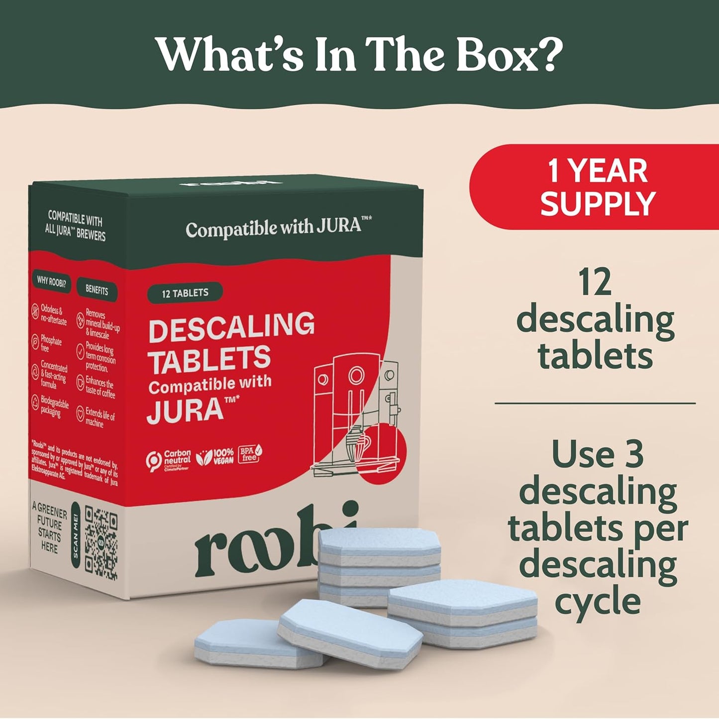 Roobi Jura Compatible Descaling Tablets. 12 Jura Descaling Tablets for Automatic Espresso Coffee Machines. 100% Vegan, Carbon Neutral.