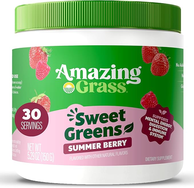 Amazing Grass Sweet Greens and Superfoods Powder for Digestive Health, Greens Powder, Digestive Enzymes, Probiotics, Spirulina, Chlorella, Summer Berry, 30 Servings