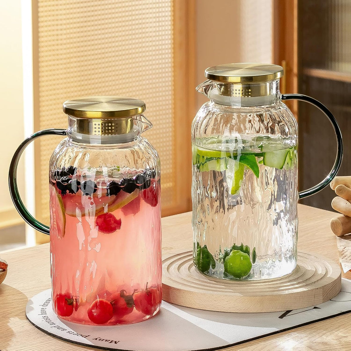 2 PACK Glass Pitcher with Lid and Spout, 68 oz/2 Liter Water Pitcher for Fridge, Clear Borosilicate Glass Water Carafe for Cold Brew, Coffee, Lemonade, Iced SunTea,Milk, Heat Resistant