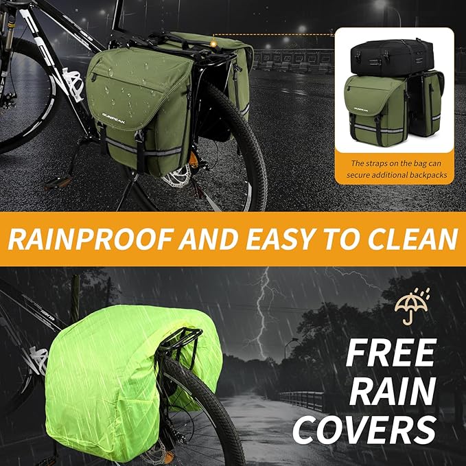Bike Bag Accessories Panniers for Bicycle Rear Rack Bag 36L Waterproof Mountain Electric Bike Saddle Bag for Cycling Traveling Commuting Green