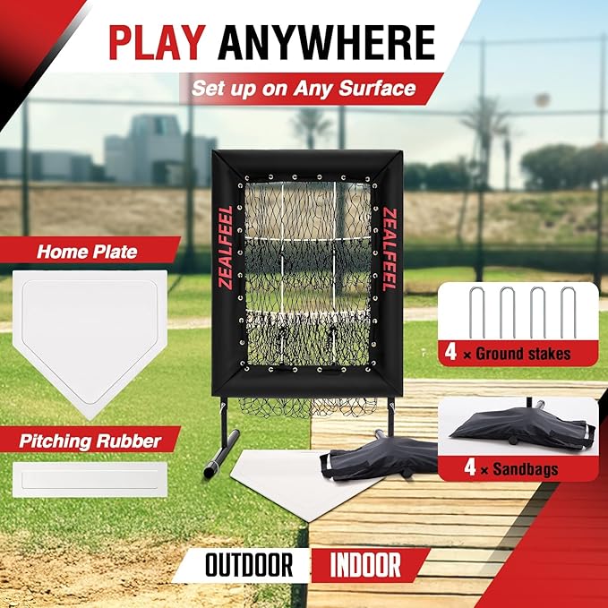 Baseball Pitching Net Pro, 9 Hole Pitching Net with Strike Zone Target, 5 Height Adjustable, Portable Easy Setup Trainer Net for Baseball & Softball with Ball, Home Plate & Pitching Rubber