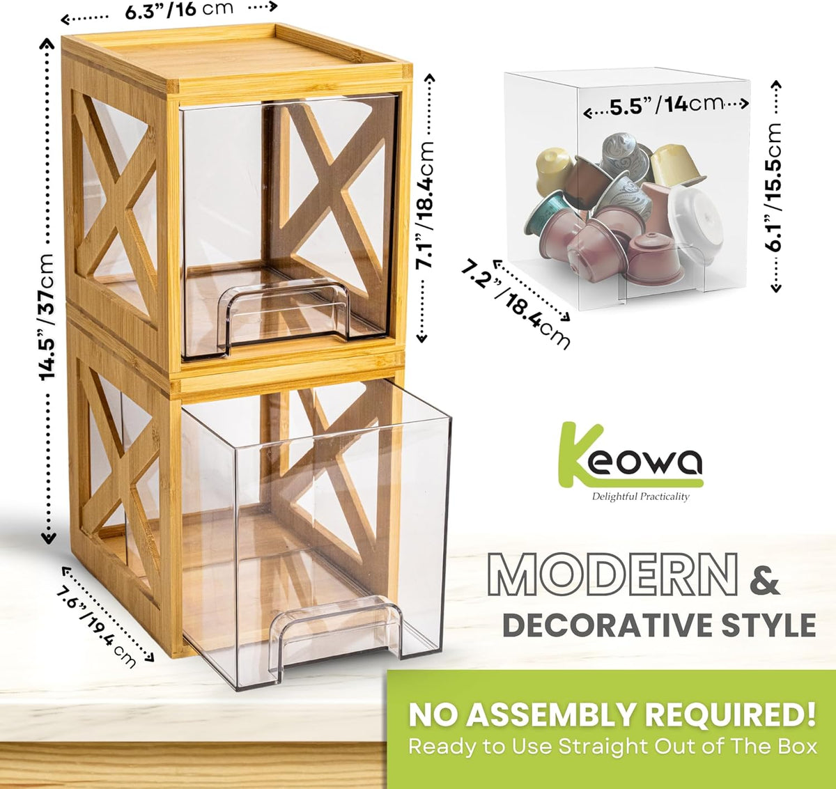 Bamboo Snack & Pantry kitchen Organizer – 2 Pack Bamboo Stackable Storage Drawers – Pull Out Storage for Cookies, Spices, Coffee Pods & K Cups – Clear Acrylic Drawer for Countertop Use