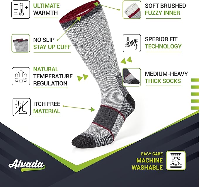 Alvada Merino Wool Hiking Socks Thermal Warm Crew Winter Boot Sock For Men & Women 3 Pairs