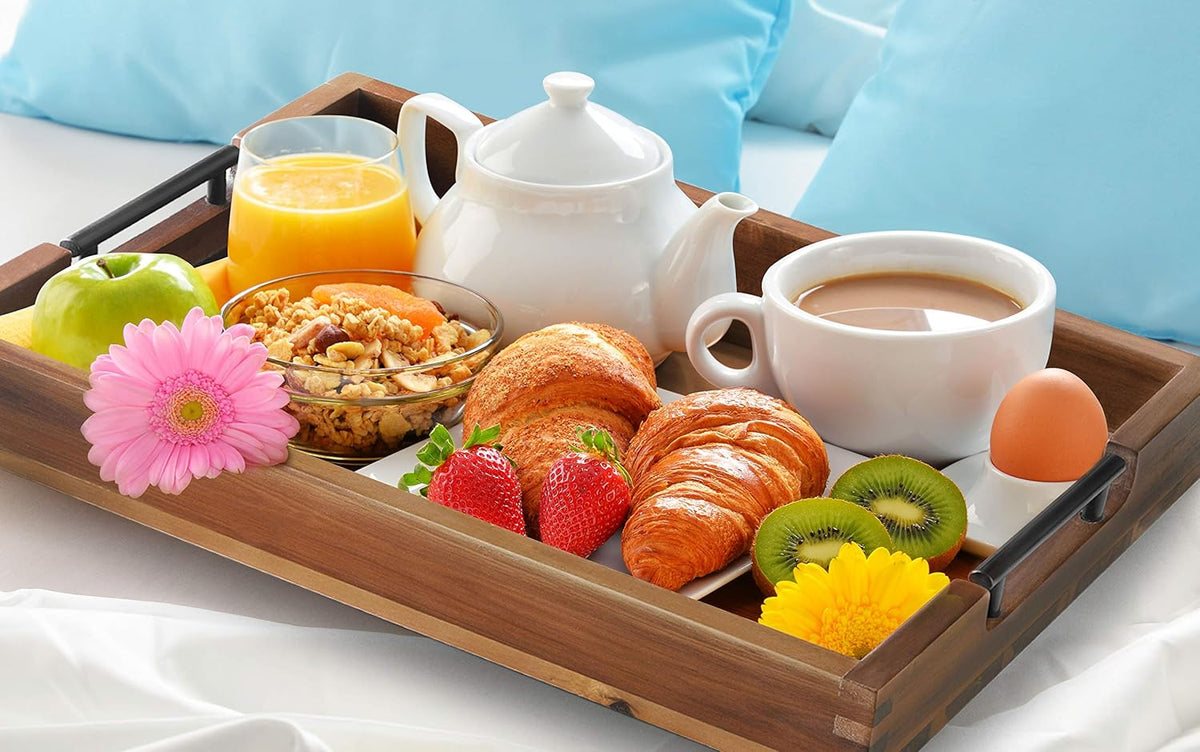 Ottoman Tray, Acacia Wood Serving Tray with Metal Handles, 16.5x12.5in Food Drinks Tray for Coffee Table, Breakfast, Dinner & Bar, Rustic Decorative Storage Tray for Ottoman, Kitchen, Packaging