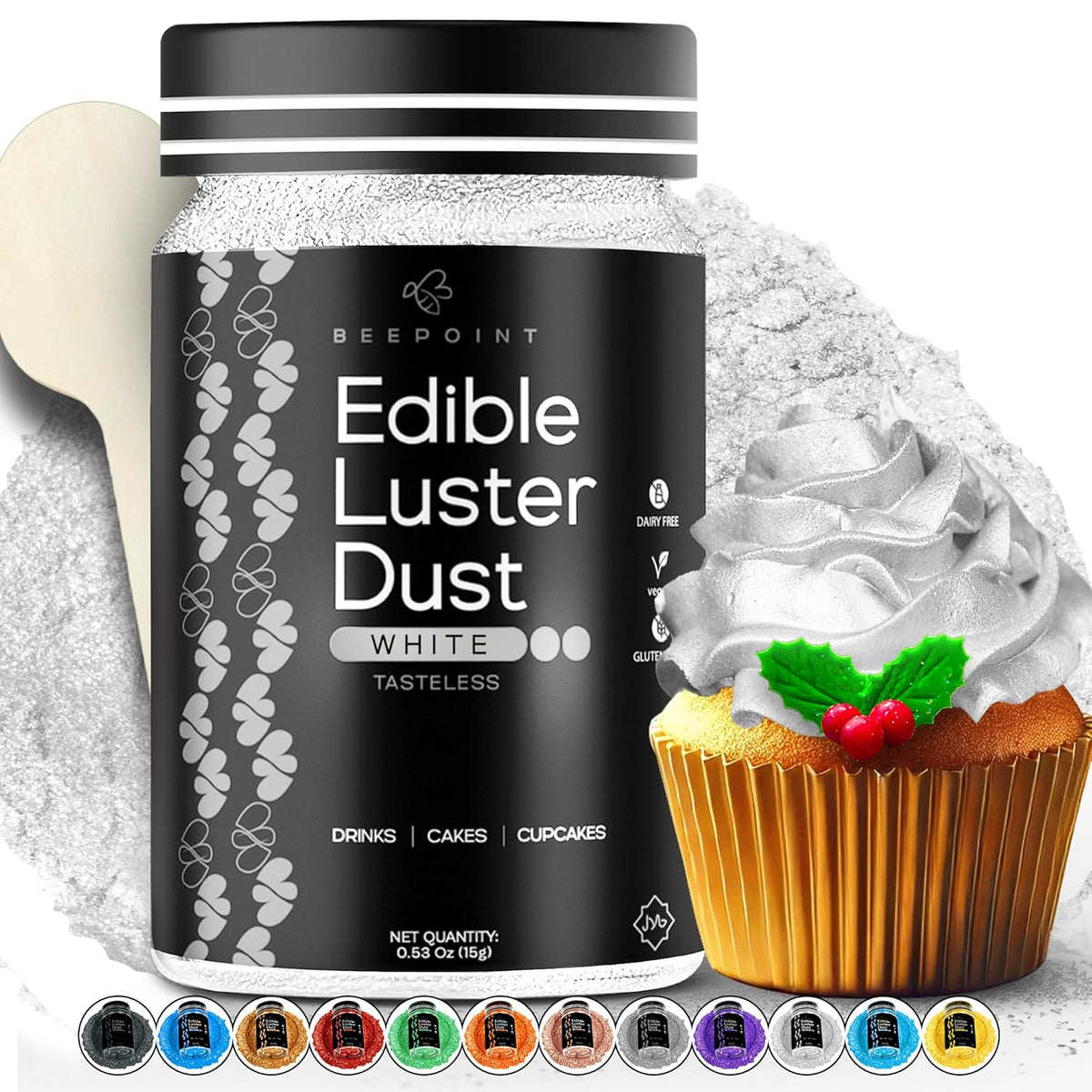 BeePoint White Edible Luster Dust 15g - Food Grade, Vibrant Color Shimmer Powdered Dust for Drinks, Cocktails, Cake Decorating, Baking, Chocolates, Candy, Sweets, & Cookies - Vegan & Gluten Free