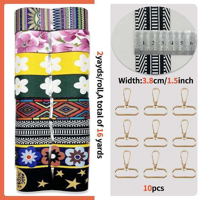 Assorted-Color Printed Nylon Webbing 1 1/2 inch 16 Yards Thick Patterned Fabric Webbing Luggage Handle Jacquard Ribbon for Backpack Bags-Seatbelt-Clothing-Sewing-DIY Crafts & Projects Supplies