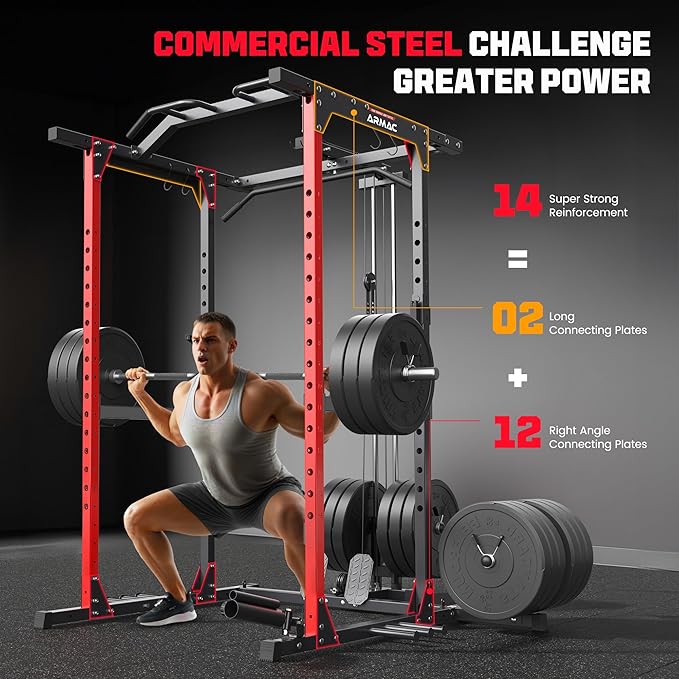 ARMAC Power Cage,1500lbs Multi-Function Power Rack with Adjustable Cable Crossover System and More Training Attachment, Weight Cage for Home Gym