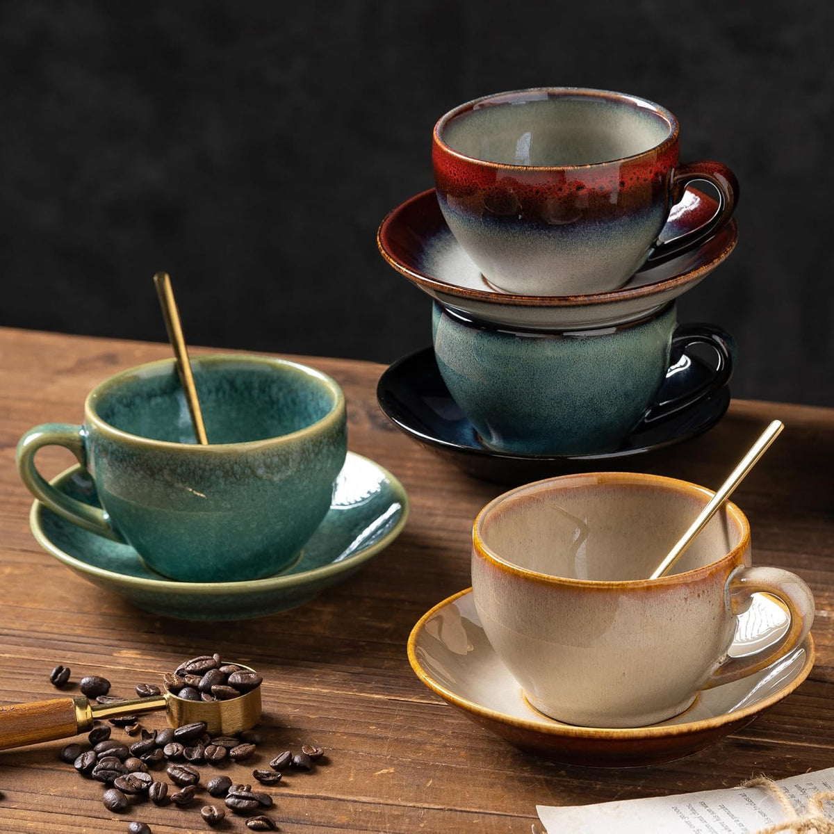 Porcelain Coffee Cup with Saucer Spoon Set, Vintage Design Ceramic Latte Art Cappuccino Barista Espresso Tea Cup with Saucer (11.6 oz, 350ml, Ink red)