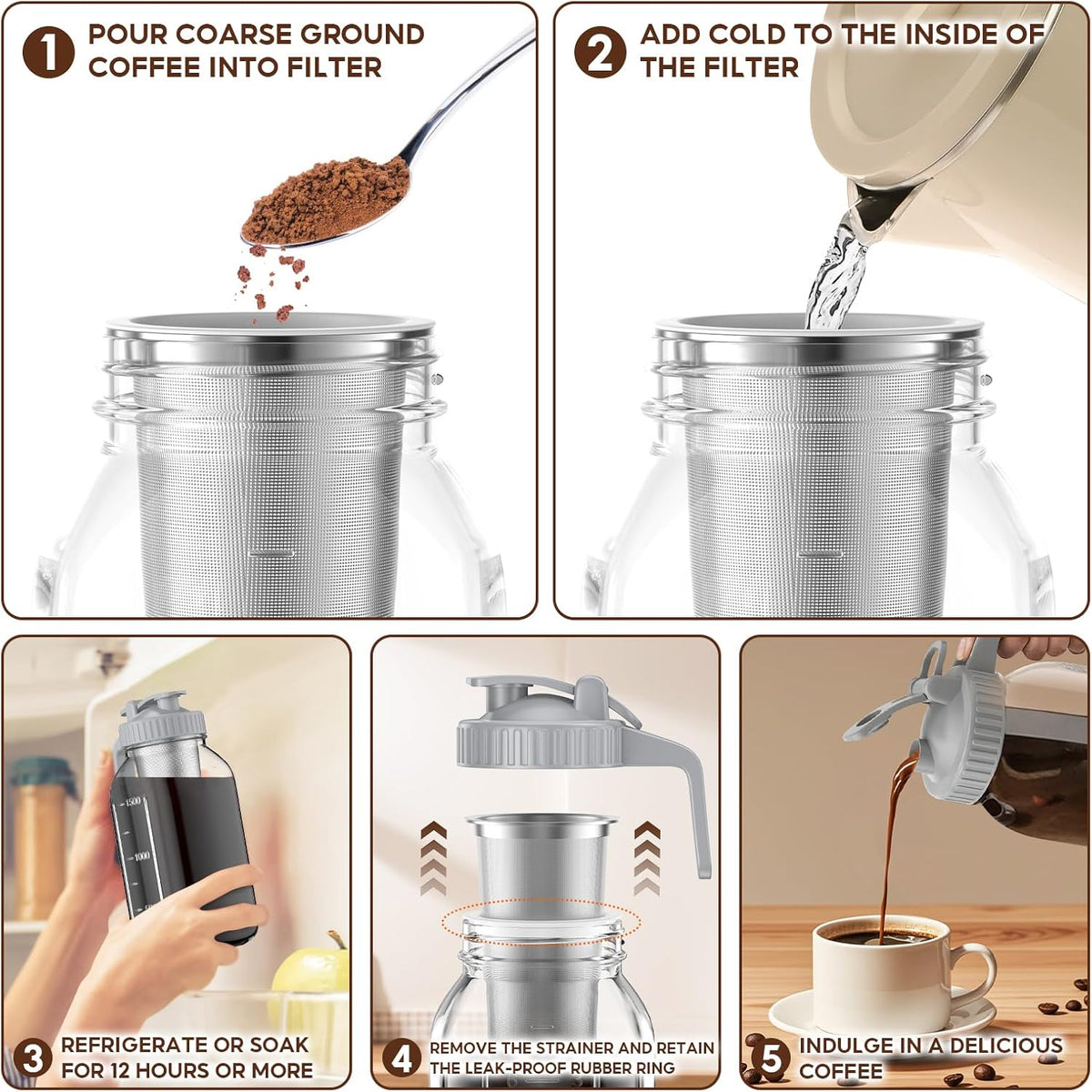 Cold Brew Coffee Maker Jar - 2 Pack 64 oz/32 oz Glass Cold Brew Maker with Handle, Stainless Steel Filter & Leak-Proof Lid, Heavy Duty Cold Brew Pitcher for Iced Coffee, Sun Tea, and Milk