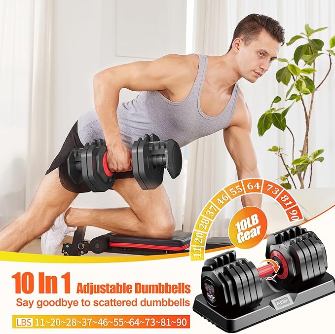 Adjustable Dumbbell Set 25/55/90LBS,10 in 1 Free Weights Dumbbell with Anti-Slip Texture Handle,1 Sec Speed Adjustment Men/Women Gym and Home Strength Training Equipment.