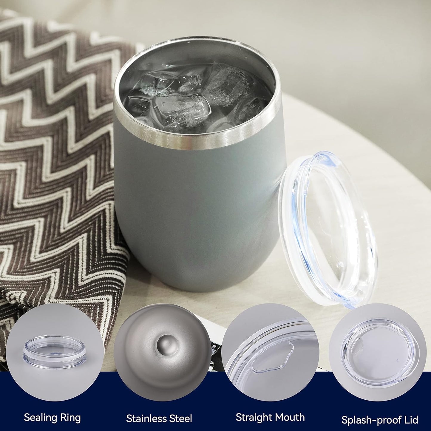 DOMICARE Stainless Steel Wine Tumbler Bulk with Lid, Personalized Insulated Tumblers Set, 12oz Travel Coffee Cups Pack of 8, Gray