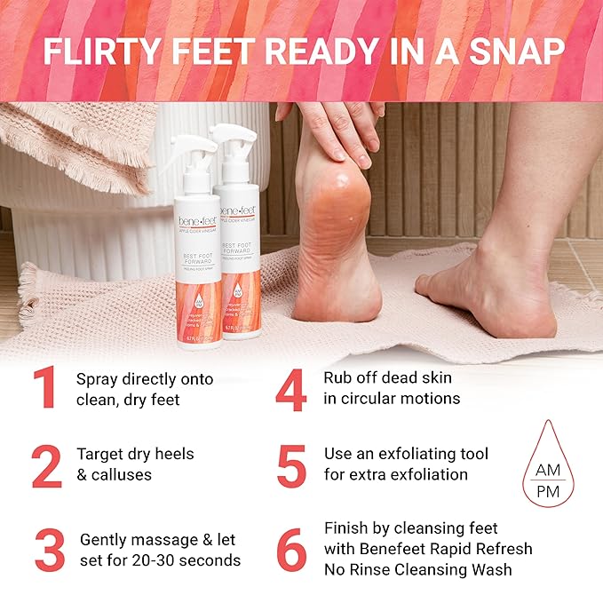 Benefeet Best Foot Forward Peeling Spray - May Help Rejuvenate + Smooth for Cracked Heels, Corns + Calluses Made w/Shea Butter, Apple Cider Vinegar + Tea Tree Oil, 6.7 oz (2 Pack)