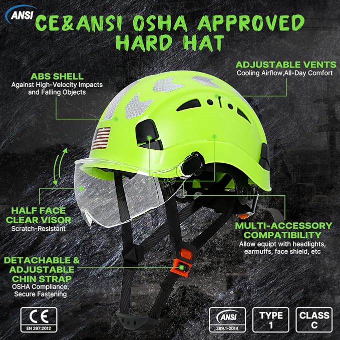 AOLAMEGS Construction Safety Hard Hat - ANSI Z89.1 Type Ι OSHA Approved Safety Helmets with Chin Straps Lightweight Reflective Vented ABS Hard Hats For Men Women Industrial Workwear 6-point Suspension