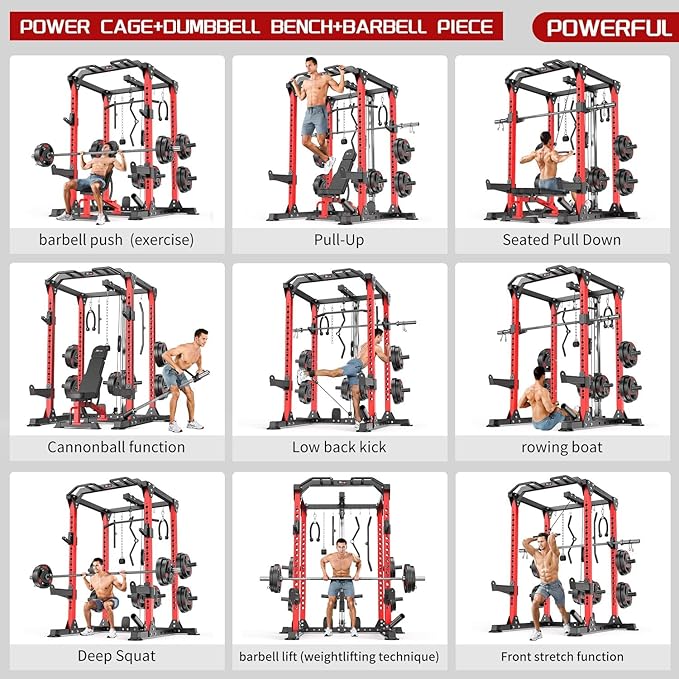 Power Cages Multi-Purpose Squat Rack with Cable Crossover System, Matching Weight Bench, Olympic Barbell Weight Set for Garage and Home Gyms