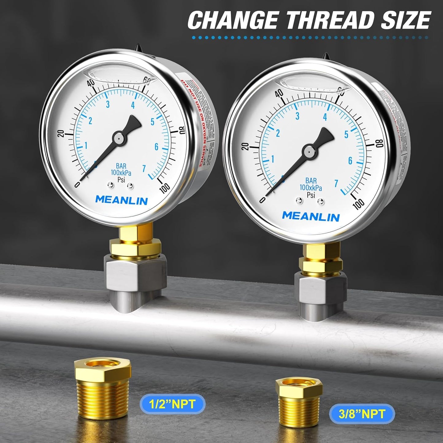 MEANLIN MEASURE 0~100Psi Stainless Steel 1/4" NPT 2.5" FACE DIAL,Liquid Filled Pressure Gauge,WOG Water Oil Air Lower Mount (Pack of 2), with 1/2" NPT and 3/8" NPT Hex Bushing