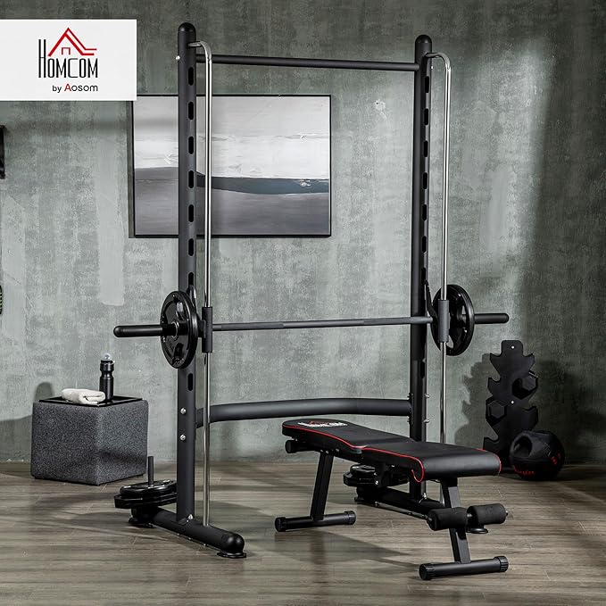 Soozier Squat Rack with Pull-Up Bar, Adjustable Power Rack with Barbell Bar, Multi-Functional Bench Press Rack for Home Gym Strength Training