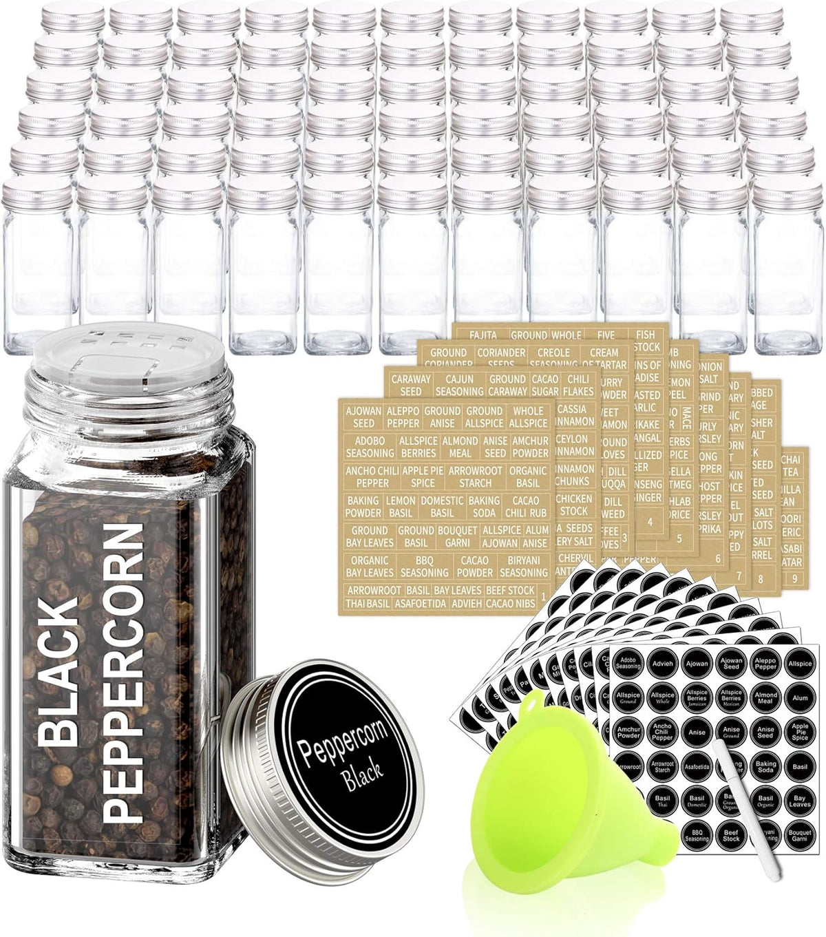 SWOMMOLY 42 Glass Spice Jars with 703 Spice Labels, Chalk Marker and Funnel Complete Set. 42 Square Glass Jars 4oz, Airtight Cap, Pour/sift Shaker Lid