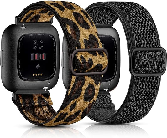 2 Pack Elastic Bands Compatible with Fitbit Versa 2 & Versa Lite Bands for Women & Men, Adjustable Sport Stretchy Nylon Solo Loop Strap Wristbands, Black & Leopard