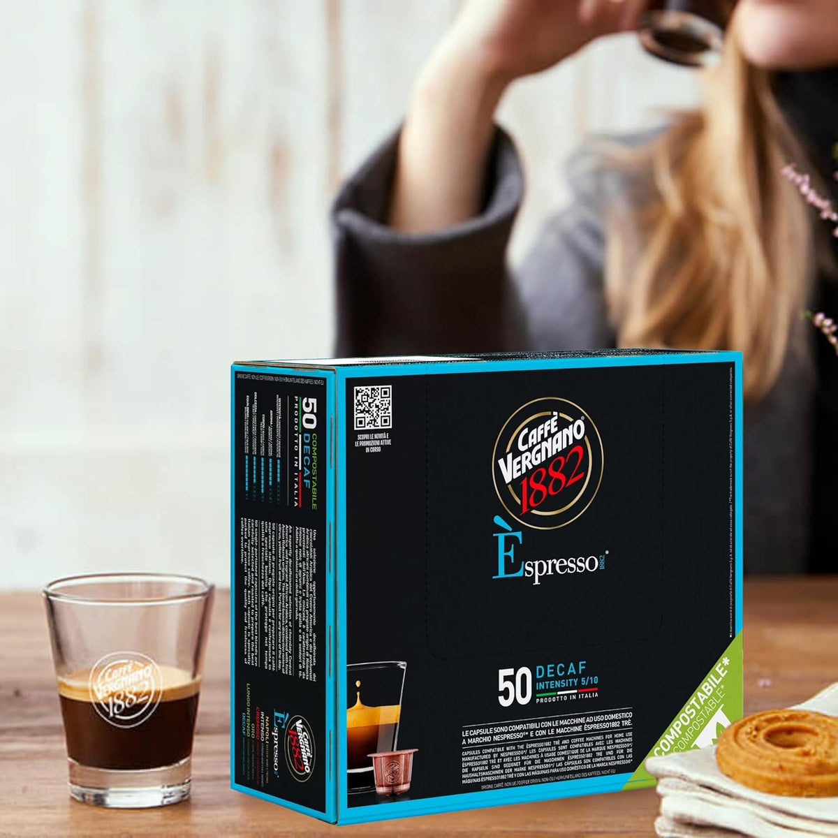 Caffe' Vergnano 1882 Decaf Medium Roast Espresso Original Line Machine Compatible Capsules, Arabica Robusta Espresso Coffee, Italian Coffee for Nespresso Machines, Intensity 5/10, Decaffeinato, 50 Ct