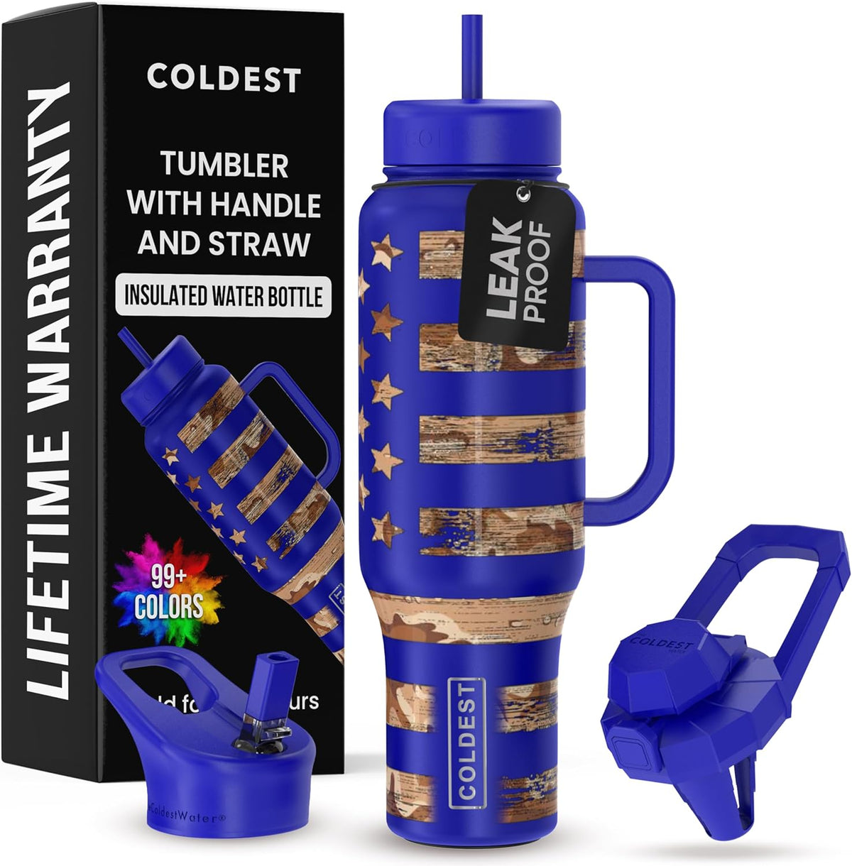 Coldest 40 oz Tumbler with Handle and Straw - 100% Leak Proof Insulated Tumbler with Lid and Straw (3 Lids) - Stainless Steel Tumblers for Women & Men - Cup Holder Friendly Base, 46 oz (The Democrat)