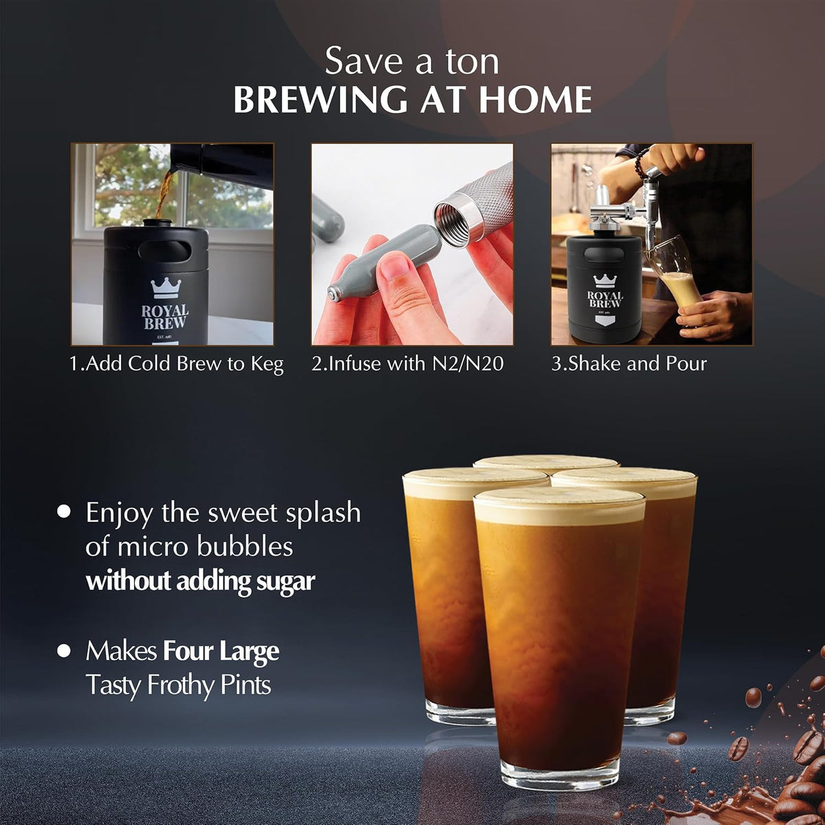 The Original Royal Brew Nitro Cold Brew Coffee Maker - Gift for Coffee Lovers - 64 oz Home Keg, Nitrogen Gas System Coffee Dispenser Kit