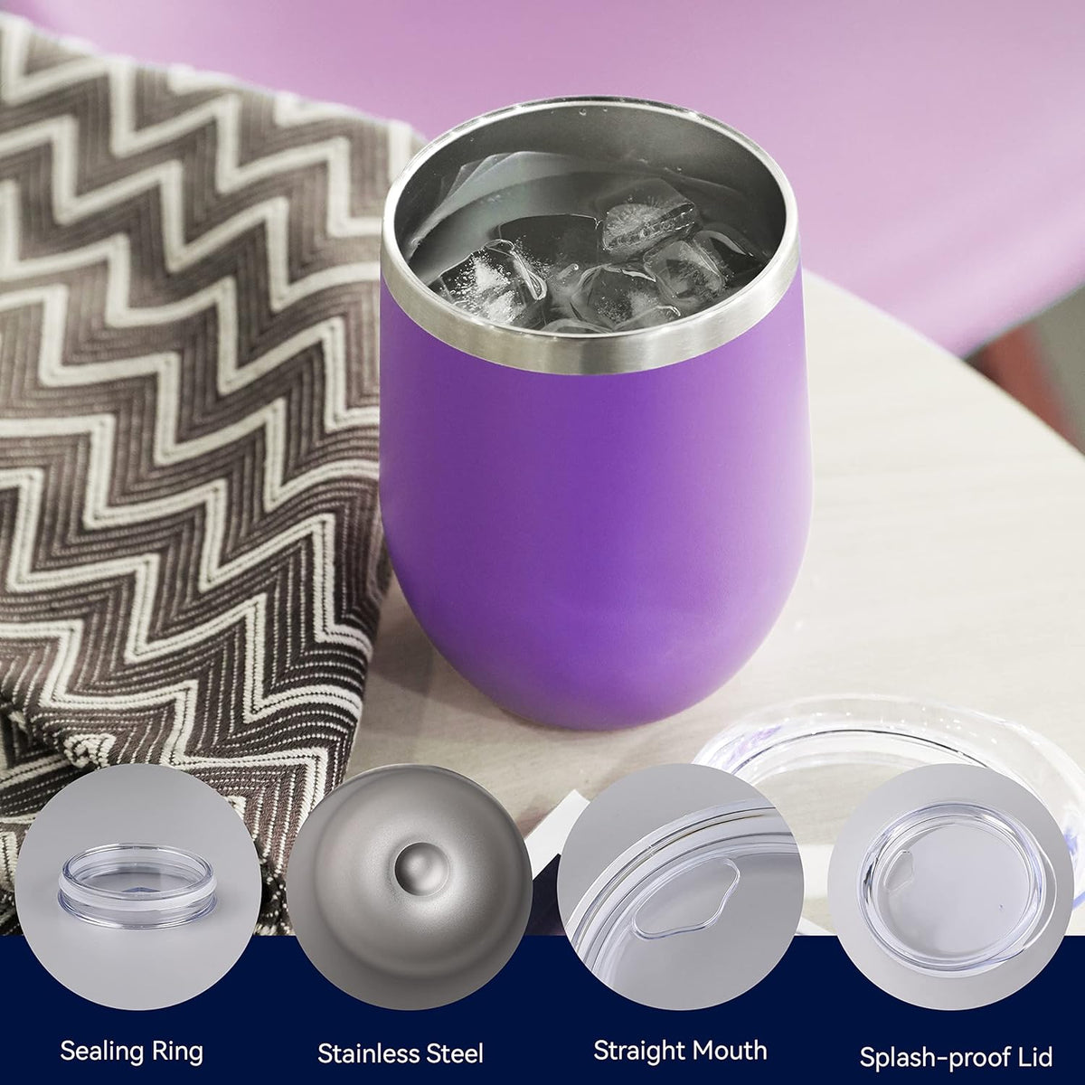 DOMICARE Stainless Steel Wine Tumbler Bulk with Lid, Personalized Insulated Tumblers Set, 12oz Travel Coffee Cups Pack of 4, Purple