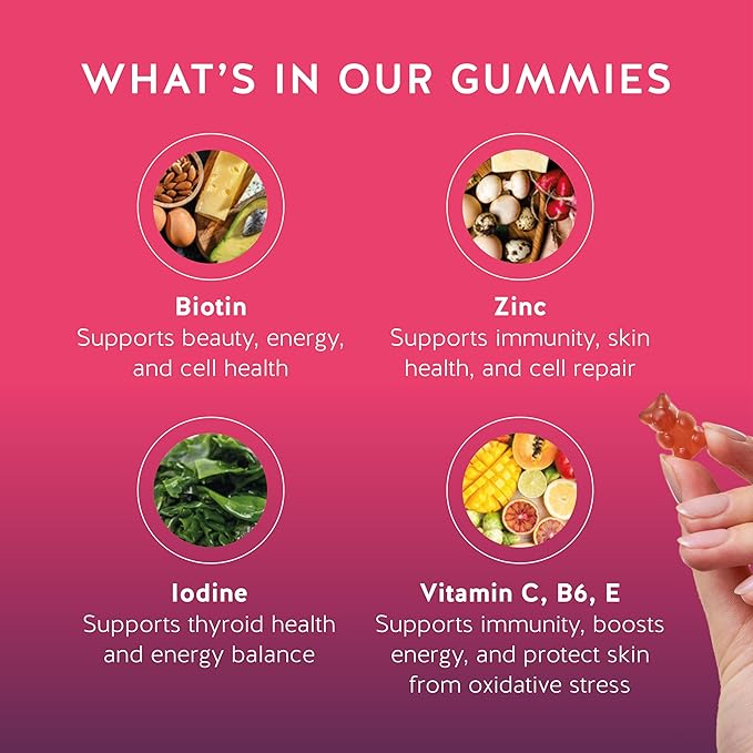 Biotin Gummies for Hair, Skin & Nails. 5,000 mcg High Potency Vegan Vitamins for Faster Hair Growth, Stronger Nails & Healthy Skin. with Vitamins C & E, 30 Gummies