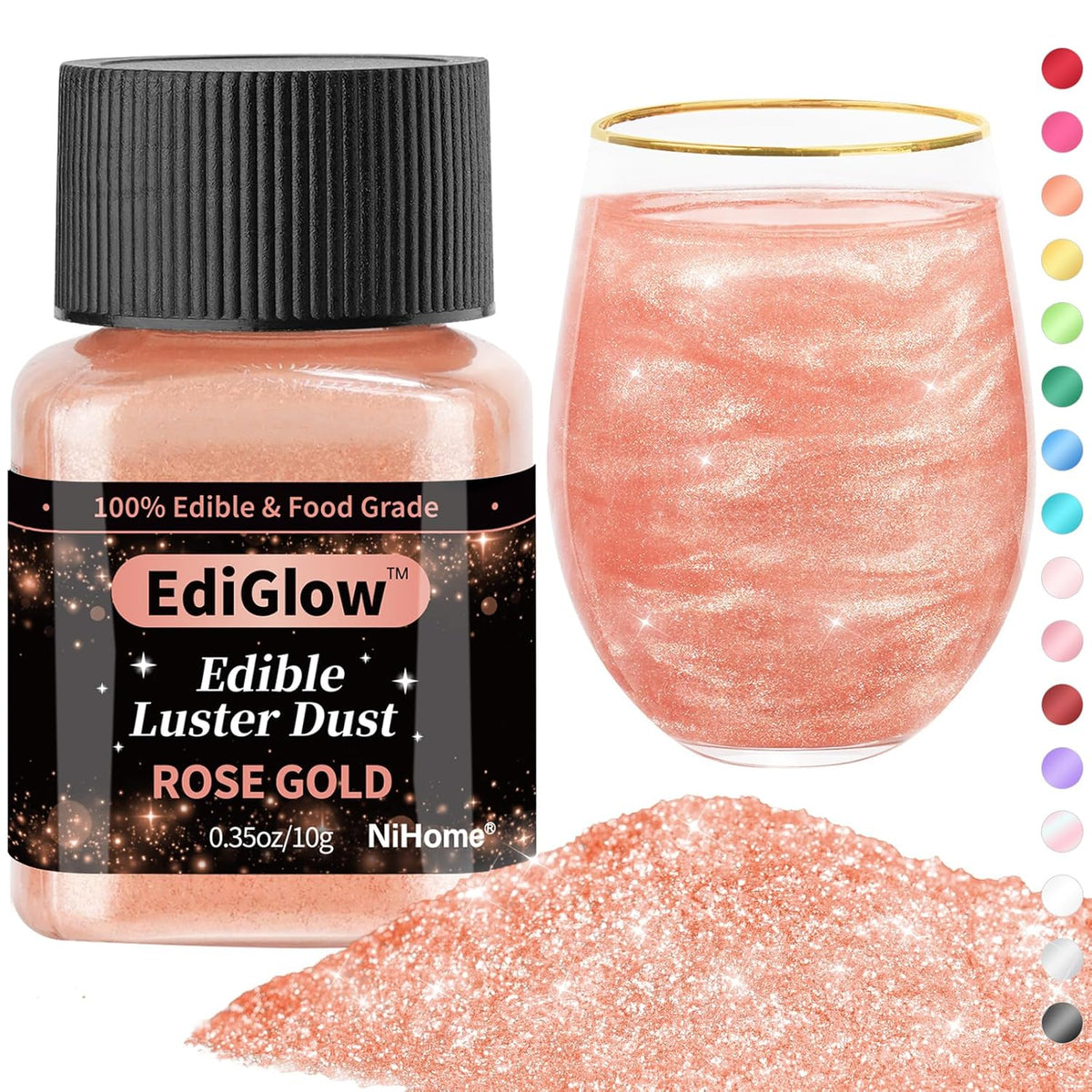 NiHome Edible Food-Grade Glitter Powder Glimmer Luster Dust Metallic Fancy Food Decorating Sprinkle Glimmery Dust for Drink Wine Beverage Cake Bakery Vegan Allergen-Free (Rose Gold, 0.35oz/10g)